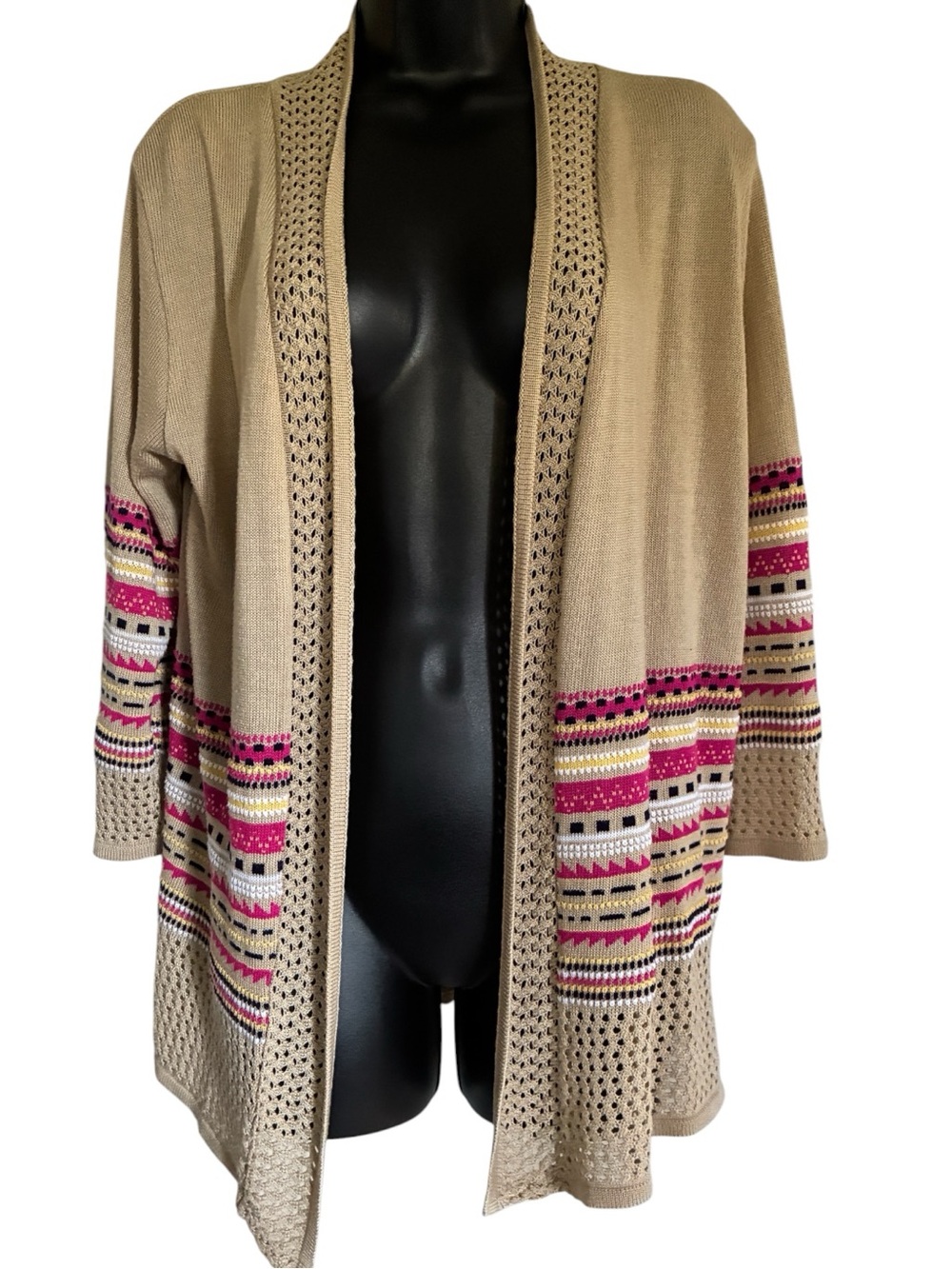 Vintage 90s SweaterWorks Beige Open-Knit Sweater Pink, Navy & Yellow Stripes